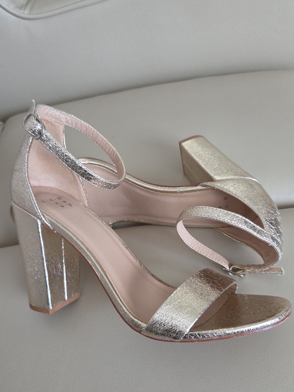 a new day Gold Metallic Block Heel Sandals with Ankle Strap